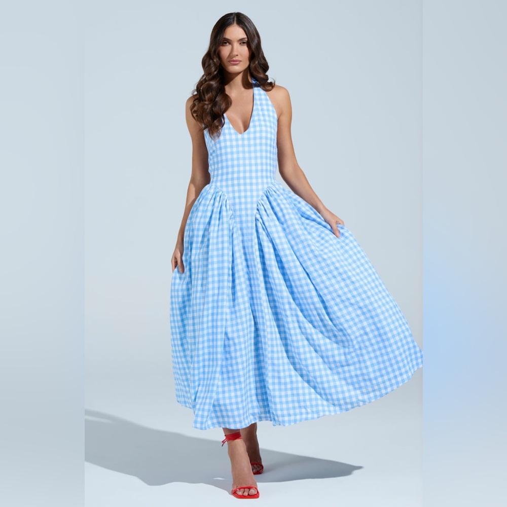 Blue and White Gingham Halterneck Maxi Dress, Size M